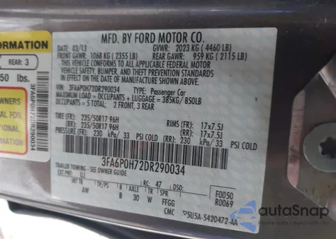 2013 Ford Fusion Se из США, поврежденный, VIN 3FA6P0H72DR290034